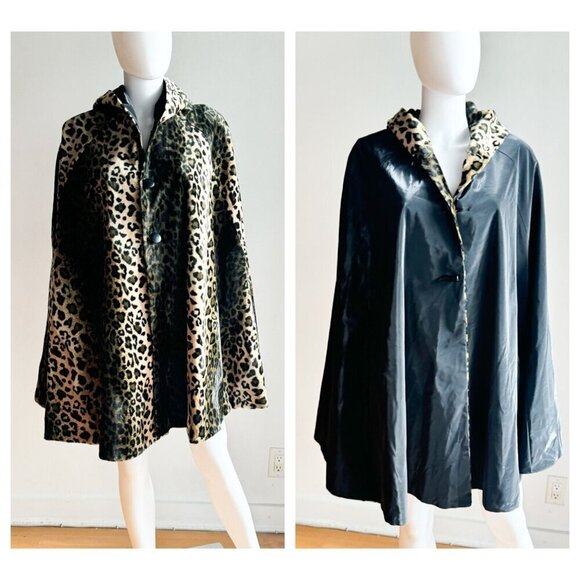Vintage Reversible Animal Print Black Nylon Cape w hood  OS - Picture 1 of 8